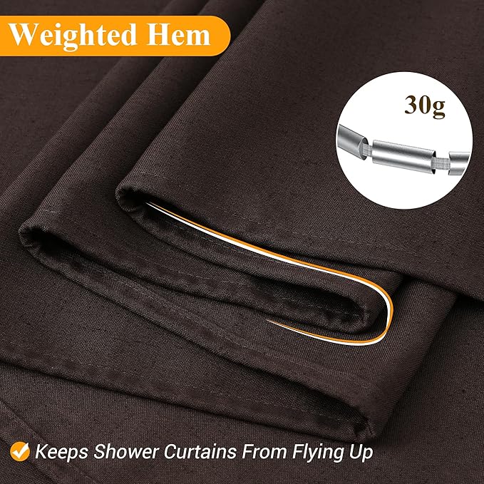 Naturoom Chocolate Brown Linen Shower Curtain, Country Boho Farmhouse Bath Decor Shower Curtains Neutral Cloth Weighted Textured Fabric Bath Curtain Liner with Hooks, 72x80