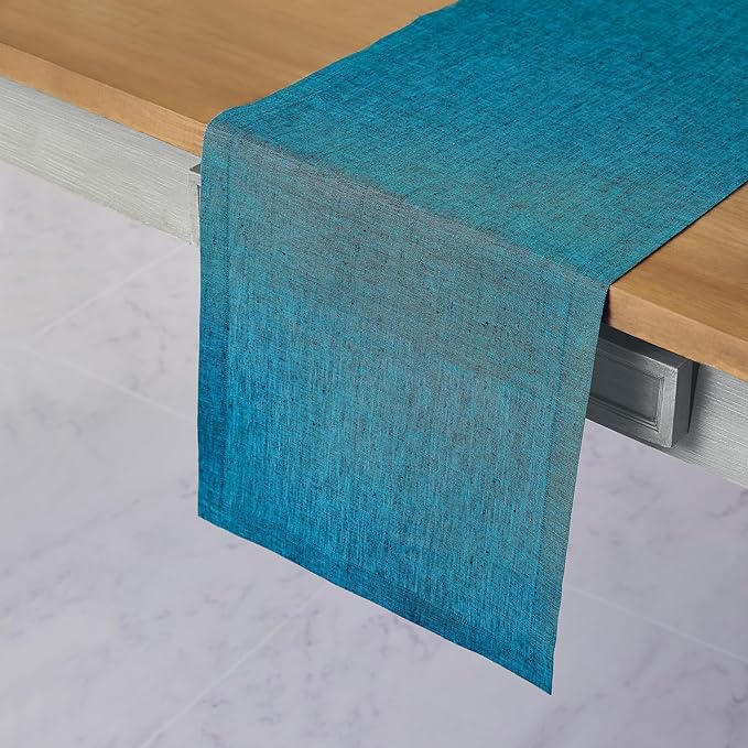 Solino Home Linen Small Table Runner 48 Inches - Athena, 100% Pure Linen Chambray Teal Table Runner 14 x 48 Inch Ideal for Dresser and Coffee Tables, Summer