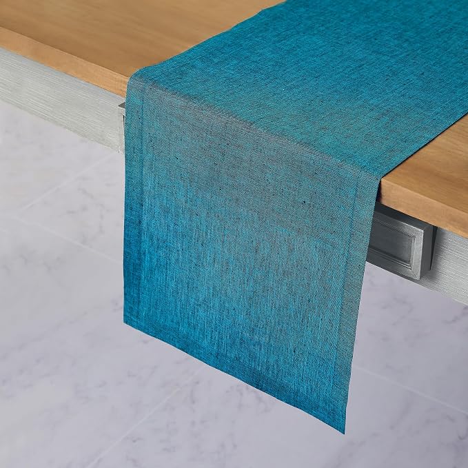 Solino Home Linen Chambray Teal Table Runner 108 Inches Long - Athena, 100% Pure Linen Dining Table Runner 14 x 108 Inch for Summer - Handcrafted and Machine Washable