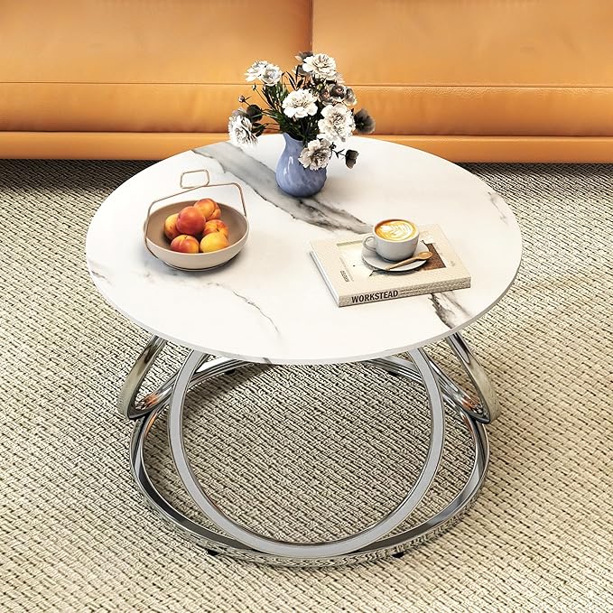 O&K FURNITURE Silver Coffee Table, Round Coffee Table Faux Marble Veins, Modern Center Table with Chrome Finish, for Living Room, Home Office, 1 PC