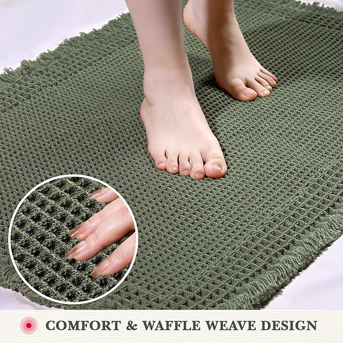 Waffle Bathroom Runner Rugs, Modern Woven Absorbent Non Slip Bath Rugs, Machine Washable Bath Mat Runner, Quick-Drying Bathroom Mat, Boho Tassel Style Suitable for Bathroom Floor, Green, 72"X24"