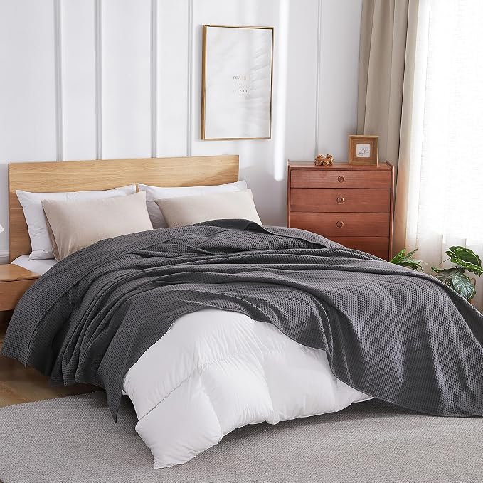 100% Egyptian Cotton Waffle Weave Blanket King Size for Bed, 320 GSM - Breathable and Soft for Spring Summer, Lightweight All Season Bed Blanket for Couch, Sofa (104x90 Inches, Dark Grey)