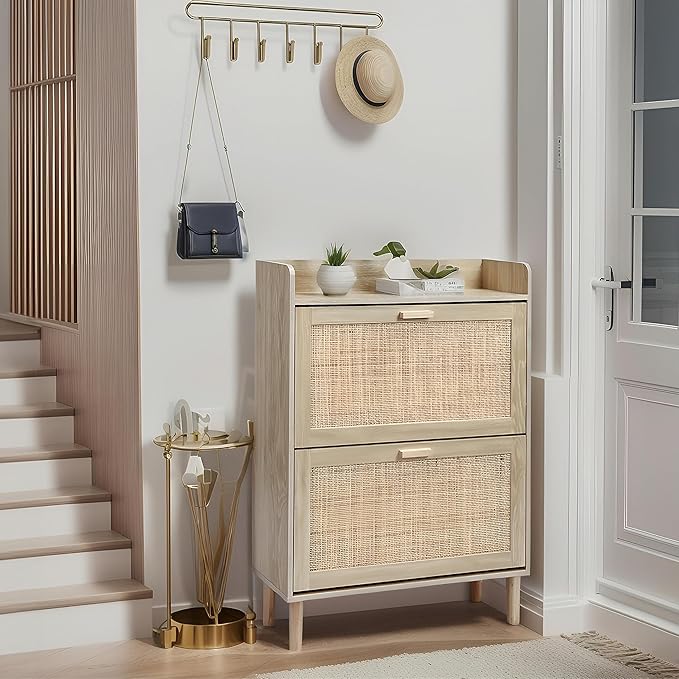 Finnhomy Extended Edition Shoe Cabinet with Natural Rattan Flip Drawers for Entryway, Free Standing 2 Tier Slim Shoe Organizer with Large Top Board, Shoe Cabinet with 3-Gear Adjustable Width Drawers