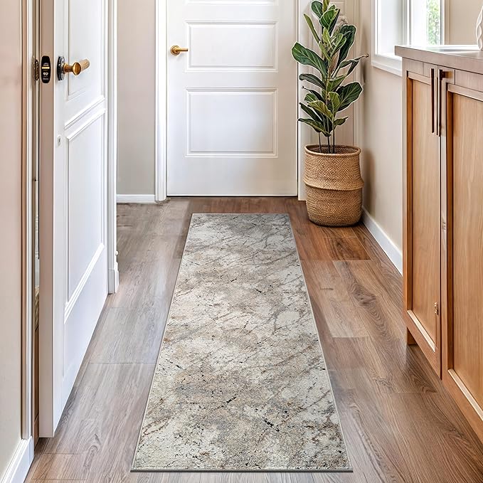 Rugshop Drifted Marble Abstract Area Rug Durable, Kid & Pet Friendly Gray, Ivory, Neutral Tones 2' 3" x 8' Runner Ideal for Hallway, Kitchen, Entryway, or Behind the Sofa