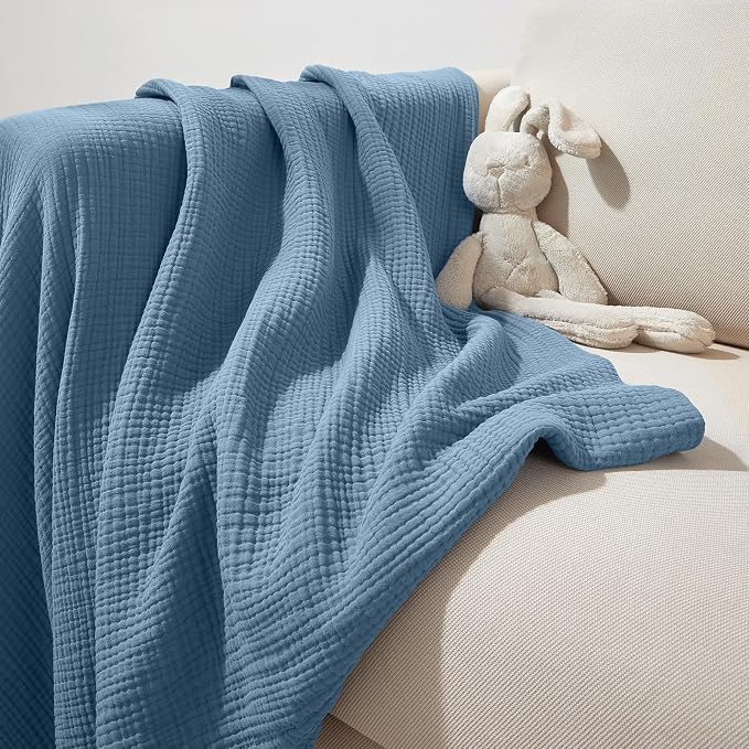 PHF 100% Cotton Muslin Blanket Twin XL Size 66"x90", 4-Layer Lightweight Gauze Throw, Breathable Cloud-Soft Minimalist Blanket for Bed, Couch, Camping & Baby, Denim Blue, Ideal Gift