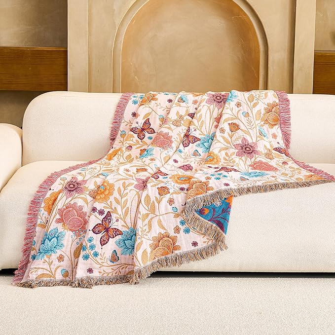 VANJOROY Boho Throw Blanket, 100% Organic Cotton Breathable Ultra Soft 50" x 60" Bed Quilt Throw - All Season Floral Rustic Farmhouse Decor Luxury Reversible Blanket for Sofa Couch Chair and Gift