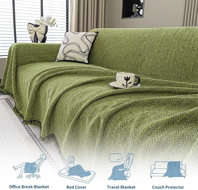 Chenille Couch Cover for Sofa Non Slip Cover Washable Pet Scratch Couch Covers Tassel Sofa Slipcover for 3 Cushion Couch Furniture Protector Blanket for Living Room,Yellow Green 91"x150"