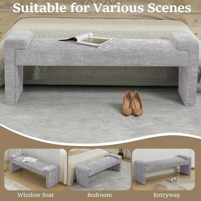 WUTUTUEE 58.7" End of Bed Bench Upholstered Modern Bedroom Bench for Living Room & Entryway, Easy Assembly, Footrest Ottoman Accent Window Bench with Solid Wood Frame & Curved Arm, Grey