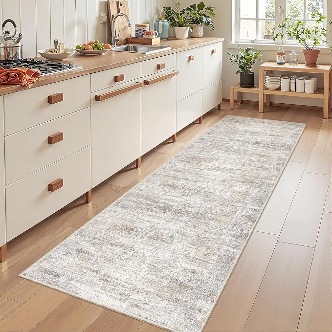 Kitchen Runner Rug Non Slip - 2.5 x 8 Runners for Hallways, Entryway, Bedroom, Washable Runner Rugs for Bathroom, Laundry Room, Low Pile Soft Vintage Area Rug(2.5'x8', Brown/Grey/Ivory)