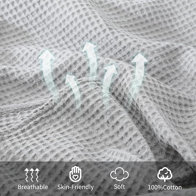 100% Cotton Waffle Blanket (Gray - Twin Size - 66 * 90''), Pre-Washed and Anti-Shrinkage Soft Lightweight Bed & Couch Blanket, 380 GSM Waffle Weave Throw Blanket for All Seasons
