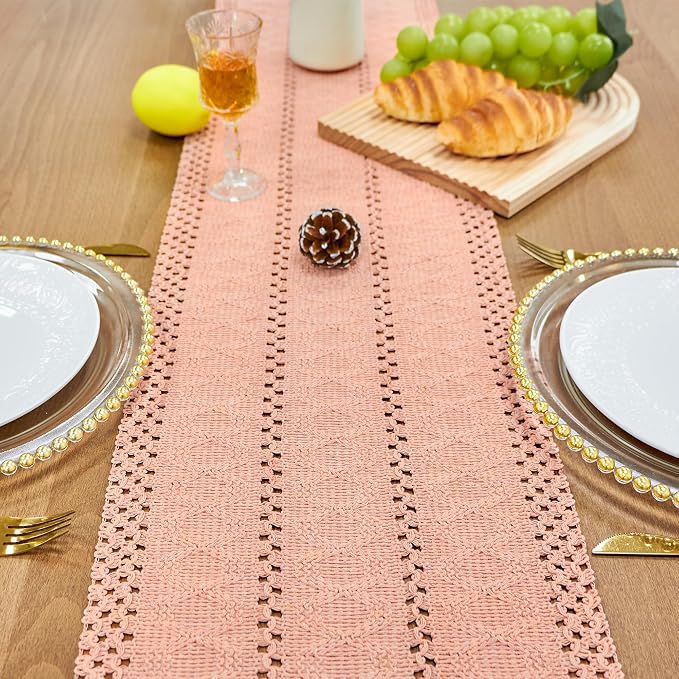 FEXIA Summer Pink Table Runner Boho Macrame Dresser Runner Home Coffee Table Decor Farmhouse Style with Tassels for Dining Bedroom Living Room Decor Rustic Bridal Shower (12x90 Inches)