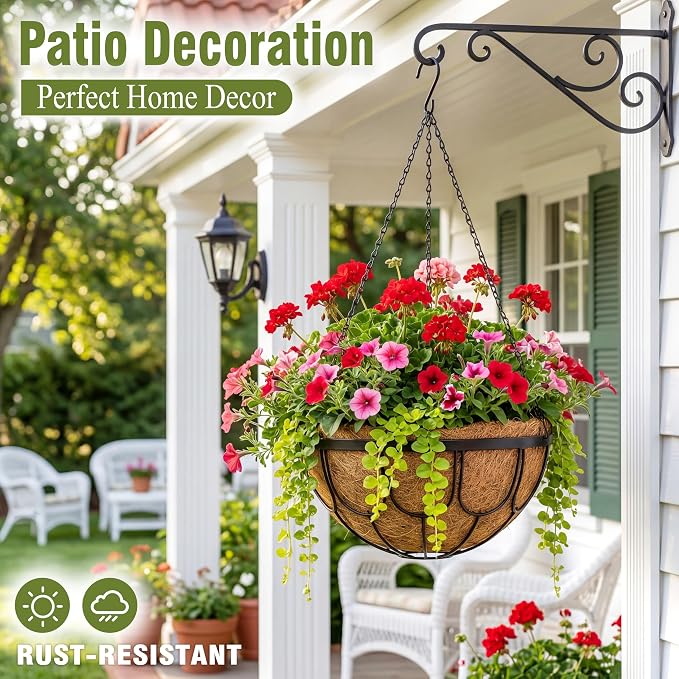 4 Pack 14 Inch Hanging Planters for Outdoor Plants, Black Metal Wire Hanging Flower Baskets with Coco Coir Liner, Large Hanging Plant Pots for Garden, Patio, Balcony, Indoor Home Decor
