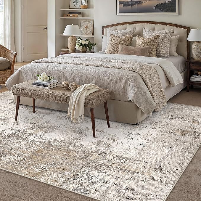 6x9 Washable Area Rug Brown Grey Abstract Non Slip Soft Low Pile Rug for Living Room Bedroom Dining Room Office Neutral Modern Indoor Throw Carpet for Home Decor