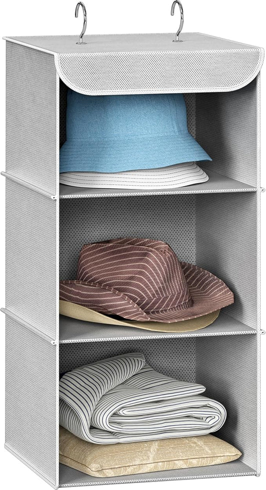 Simple Houseware 3-Shelf Hanging Closet Organizer, Fabric Storage Shelves with 57L Capacity, Gray
