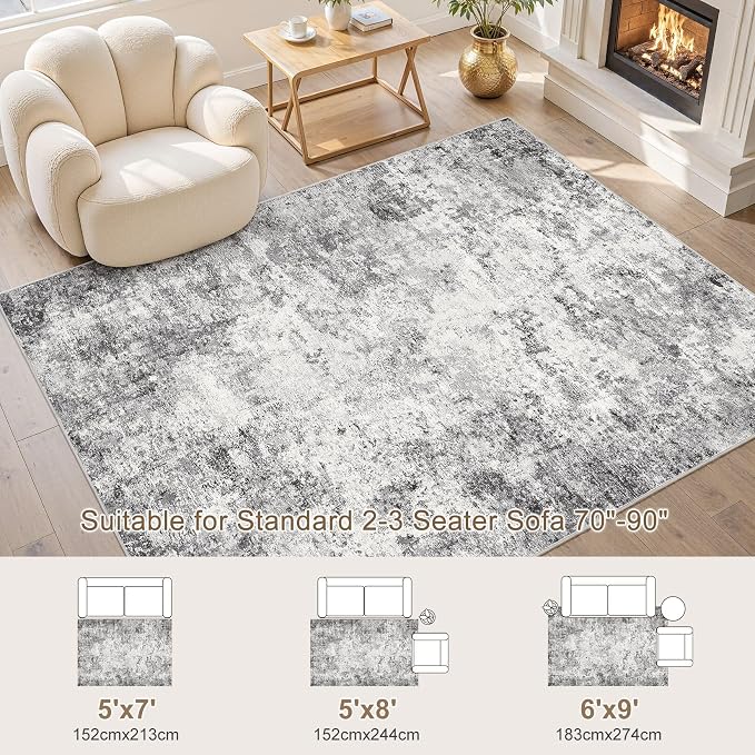 UERMEI 6x9 Washable Area Rug - Neutral Modern Abstract Living Room Rugs, Non-Slip Soft Large Indoor Floor Carpet for Bedroom Home Office & Under Dining Table Decor, Grey