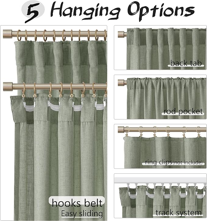 Joywell Sage Green Linen Curtains 72 Inch Length Light Reducing Privacy Hook Belt Rod Pocket Back Tab Drapes Set of 2 Pinch Pleated Aesthetic Boho Sheer Window Curtains 52x72 Inches Long