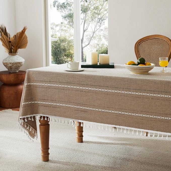 ZeeMart Hemstitched Embroidery Striped Boho Tablecloth 60x84 Inch Cocoa Brown, Heavy Weight Farmhouse Burlap Linen Brown Tablecloth, Wrinkle Resistant Washable Table Cloth for Rectangle Table