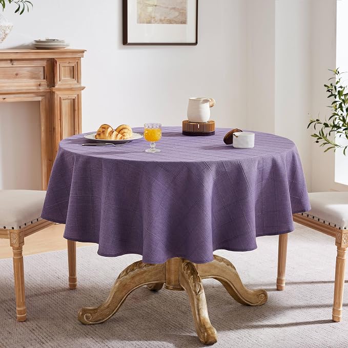 ZeeMart Linen Checked Table Cloth 52 Inches Round, Farmhouse Style Plaid Embroidered Water Resistant Table Cover, Purple