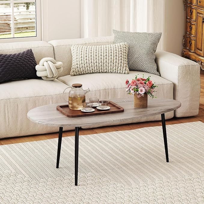 Giantex Oval Coffee Table, Mid Century Modern Center Table with Sturdy Metal Frame and Compact Design, Vintage Accent Cocktail Tea Table, Wood Living Room Tables for Small Spaces (Grey Oak)