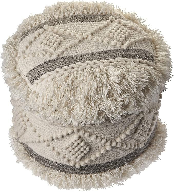 LR Home Indoor Wool Blend Farmhouse Geometric Ottoman Pouf | Cream/Gray,18" x 18" x 14"