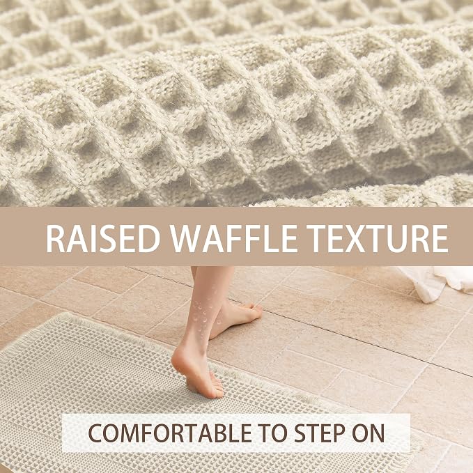 Waffle Bath Mat Non Slip, Boho Bathroom Rug, Super Absorbent Quick Dry Bathroom Mat, Soft Farmhouse Bath Rug with Tassels, Small Washable Shower Mats for Floor 24"x36", Square Cream