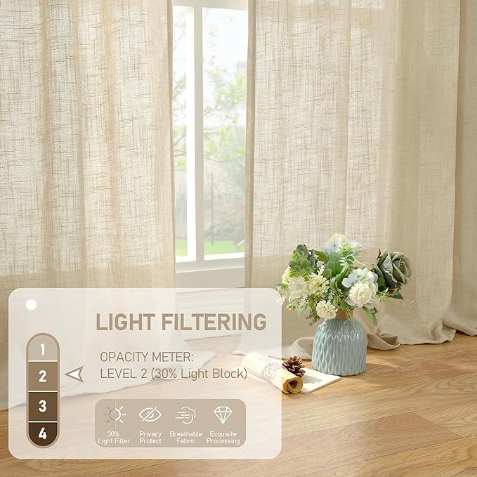 LAMIT Semi Sheer Linen Curtains 45 Inches Long 2 Panels, Light Filtering Panels Back Tab and Rod Pocket Neutral Drapes for Kitchen/Window/Bedroom, 52 x 45 Inch