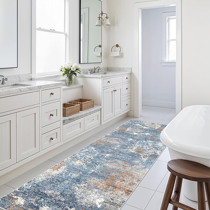 2x8 Washable Non-Slip Hallway Runner Rug – Modern Coastal Abstract Neutral Stain-Resistant Low-Pile Carpet Runner for Kitchen Entryway Bedroom Bathroom (Blue Rust,2x8)