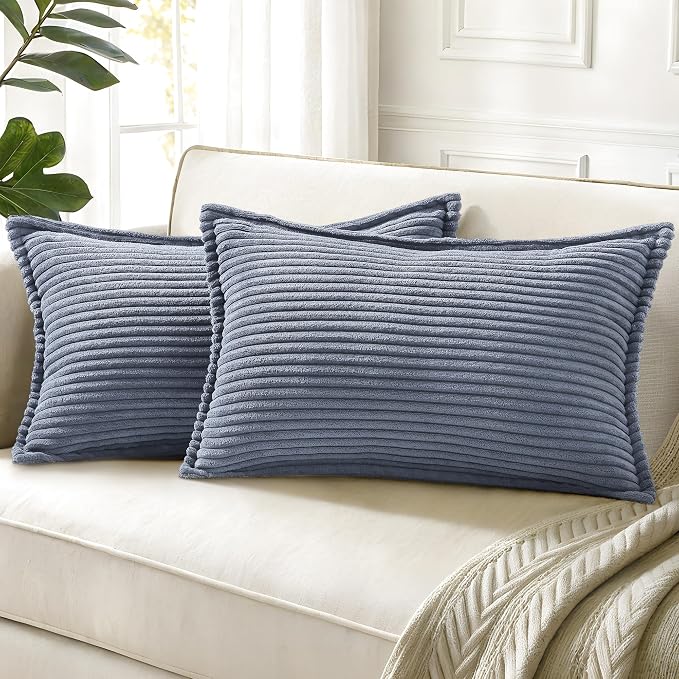 decorUhome Summer Corduroy Blue Grey Throw Pillow Covers 12x20 Set of 2 Decorative Soft Boho Farmhouse Lumbar Couch Pillow Covers for Living Room Bed Sofa Broadside Striped Pillow Cases