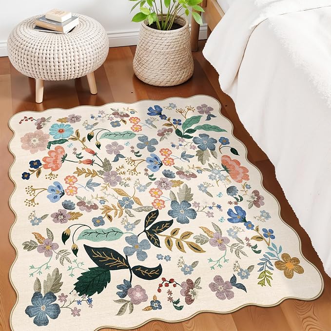 Floral Square Area Rugs for Family: Washable 5x5 Scalloped Carpet for Living Room Bedroom Soft Water Resistant Floor Mat with Non Slip Backing for Kitchen Nursery Dorms Farmhouse Home Decor(5x5,Cream)