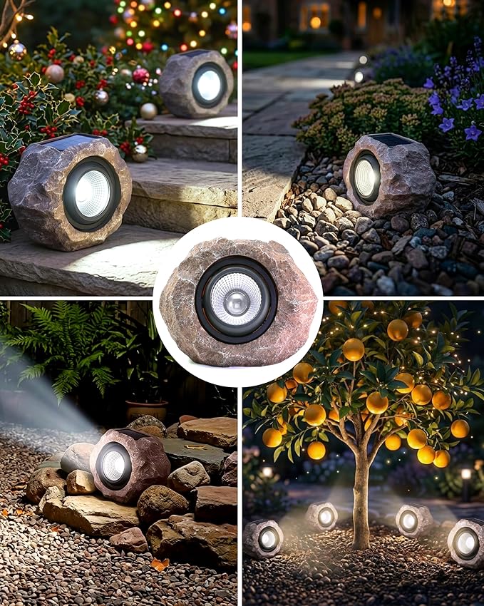 2 Pack Solar Rock Lights Outdoor, Angle Adjustable Solar Lights Outdoor Waterproof, LED Solar Garden Lights, Auto On/Off Landscape Lighting for Yard Pathway Patio Flower Bed - White Glow (Stone Brown)