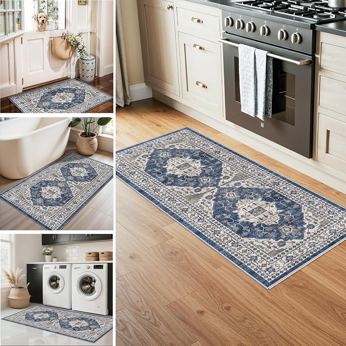 Washable 4-Piece Kitchen Floor Mats: Farmhouse Non-Slip Kitchen Sink Rug Easy Clean Water-Resistant Runners for Hallway Bathroom Soft Decorative Carpet for Pet Feeding Area(2x3+2x4+2x5+2x6,Blue)