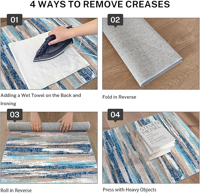 Lansny Modern Abstract Runners for Hallways 2.6x12, Washable Runner Rug Non-Slip Indoor Soft Long Hallway Runner Rug, Thin Print Faux Wool Floor Carpet for Hall Entryway Kitchen, Blue