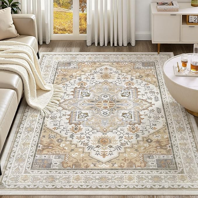 UERMEI 5x7 Area Rug for Living Room - Washable Vintage Carpet, Non-Slip Soft Large Indoor Floor Rugs for Bedroom Home Office & Under Dining Table Decor, Brown Beige
