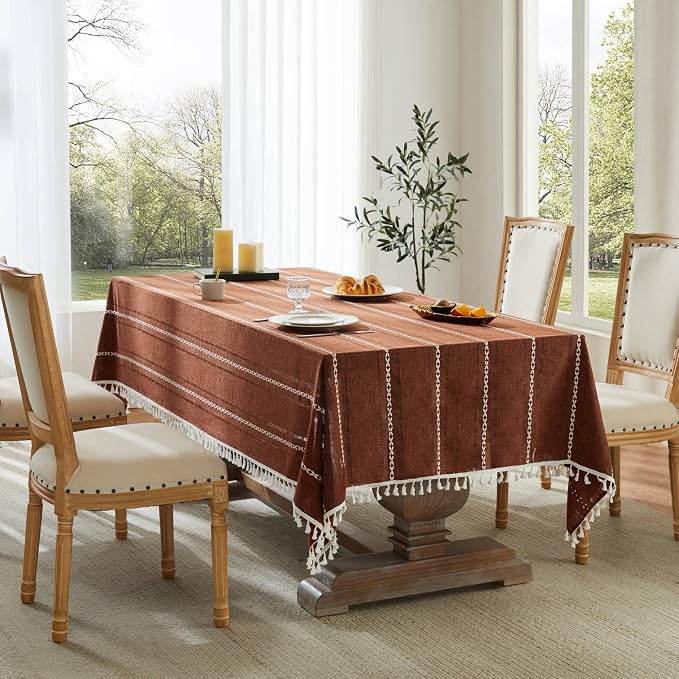 ZeeMart Hemstitched Embroidery Striped Boho Tablecloth 54x54 Inch Terracota, Heavy Weight Farmhouse Burlap Linen Terracota Tablecloth, Wrinkle Resistant Washable Table Cloth for Square Table