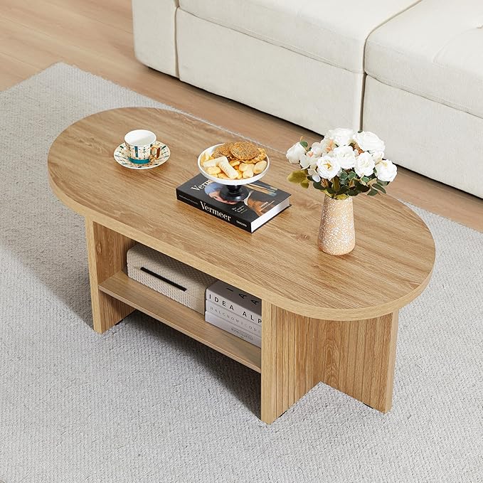 XUZENEST 43.3" Coffee Table with Storage, Oval Coffee Tables for Living Room, Farmhouse Fluted Coffee Table with Large Storage Shelf, Wood Center Table for Small Space, Natural