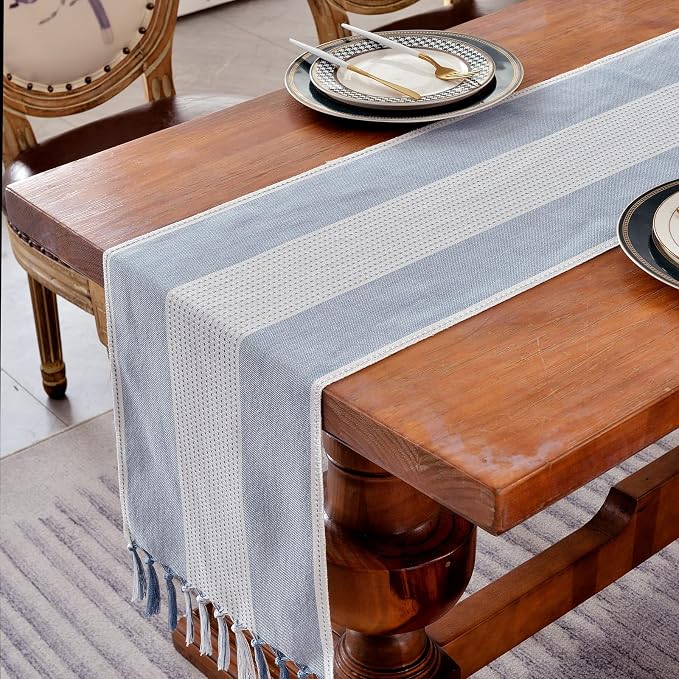 Wracra Linen Table Runner, Farmhouse Macrame Table Runners 36 Inches Long for Dining Table Decor, Wedding, Party and Dresser Decor (Blue,36")