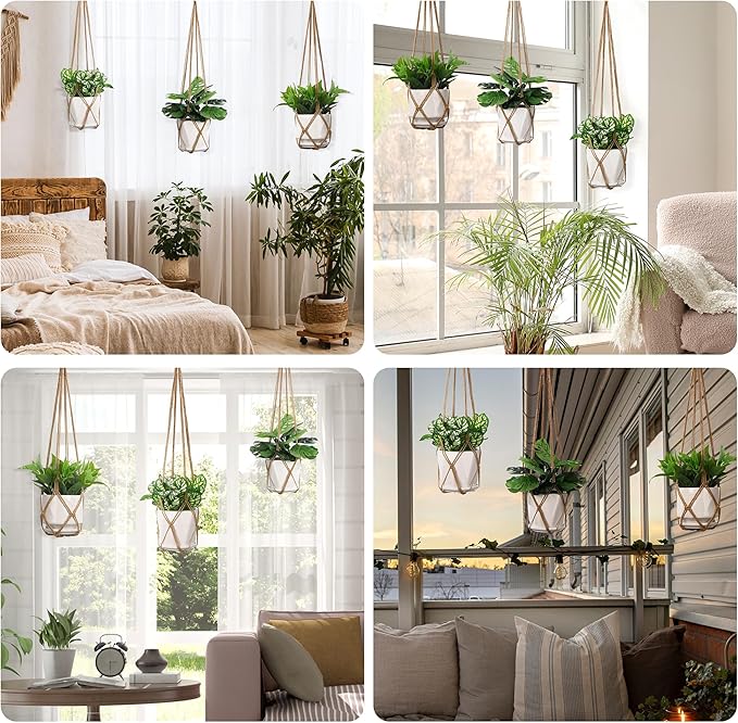 YIBOT 3 Pack Macrame Plant Hanger Rope to Hang Flower Pot Plant Holder for Indoor Outdoor Decorations with 3 Hooks, 35"/29"/23" No Tassels(POTS NOT Included)