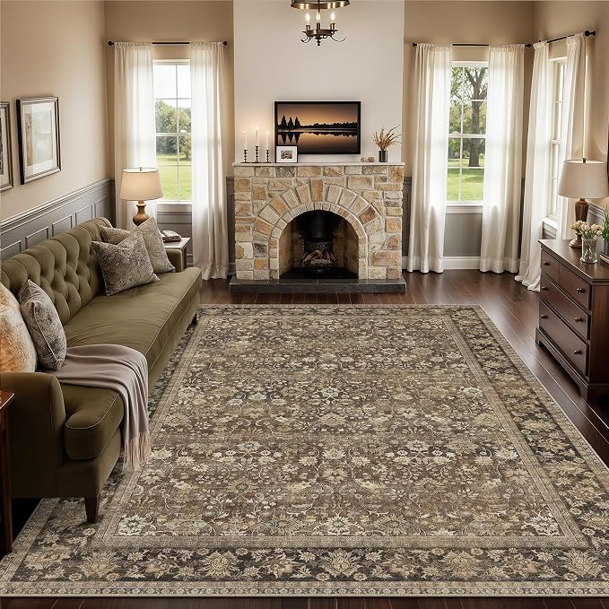 HUGEAR 8x10 Machine Washable Rugs Brown Hallway Large Area Rug Indoor Accent Rug Floral Mid Pile Carpet Soft Soft Thicker Aesthetic Rug Bedroom Living Room Office Dining Kitchen Laundry
