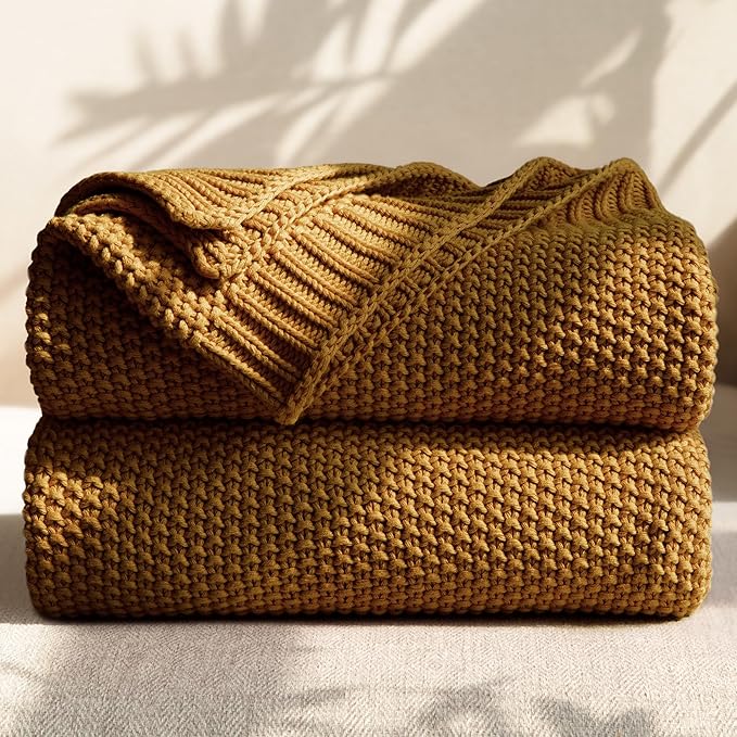 100% Cotton Cable Knit Throw Blanket, Lightweight Soft Knit Blanket for Sofa Couch Bed, Breathable All-Season Throw, Cozy Decorative Blanket, 50 x 60 Inch,Mustard