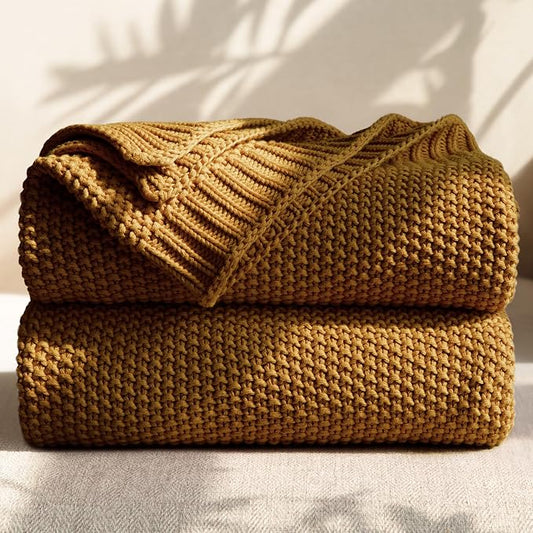 100% Cotton Cable Knit Throw Blanket, Large Lightweight Soft Knit Blanket for Sofa Couch Bed, Breathable All-Season Throw, Cozy Decorative Blanket, 60 x 80 Inch,Mustard