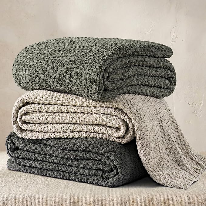 EVERGRACEHOME Chunky Chenille Knit Throw Blanket for Couch, Soft Luxurious Oversized Queen Moss Stitch Blanket for Bed, Cozy Farmhouse Knitted Throw for Sofa, Dried Thyme, 90" x 90"