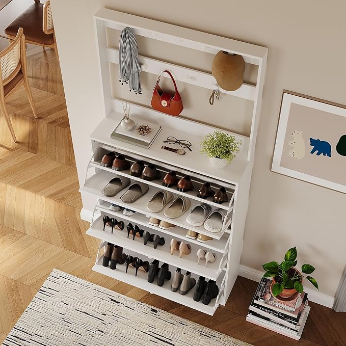 HOPUBUY Tall Shoe Cabinet with 3 Flip Drawers, Farmhouse Hidden Shoe Storage Cabinet with Rack, Slim Narrow Freestanding Shoe Storage Organizer for Entryway, Hallway & Living Room, White
