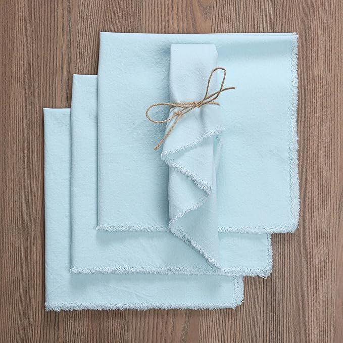 Palisa Premium Cotton Dinner Napkins Set of 12 | Light Blue Frayed Edge Rustic Farmhouse Table Linen | Soft Washable Long Lasting Durable Cloth Serviettes for Wedding Dining Decor 18x18 Inch