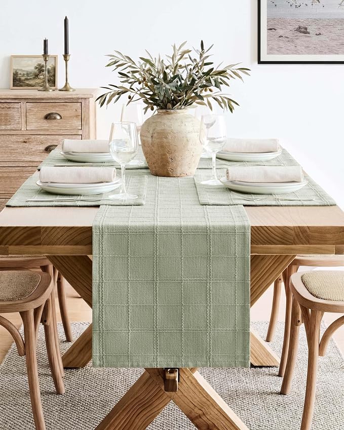 ZeeMart Linen Checked Farmhouse Table Runner, 13x108 Inches Seeding Green | Raised Grid Design, Rich Woven Texture, Linen Blend Table Runners 108 Inches Long, Machine Washable, Boho Home Kitchen Decor