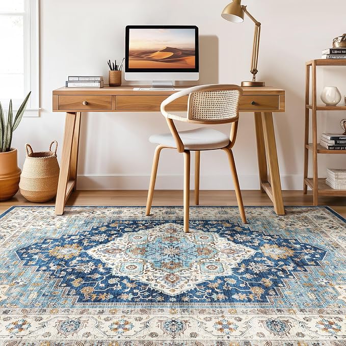 7x9 Area Rug Living Room: Washable Boho Large Neutral Vintage Soft Rugs Stain Resistant Farmhouse Non-Slip Indoor Floor Retro Carpet for Bedroom Nursery Kids Office Dining Room- Navy Beige