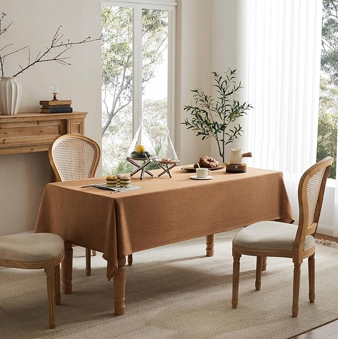 Linen Tablecloth for Square Table, 60x60 Inch Caramel, Farmhouse Style Brown Tablecloth, Water Resistant Burlap Tablecloths for Dining Table Farmhouse Kitchen