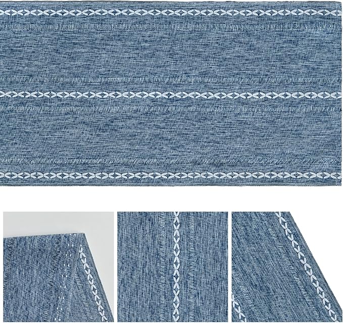 Artoid Mode Blue Rustic Cotton Linen Table Runner, Seasonal Embroidered Hollow Kitchen Dining Table Decoration for Home Party Decor 13x36 Inch