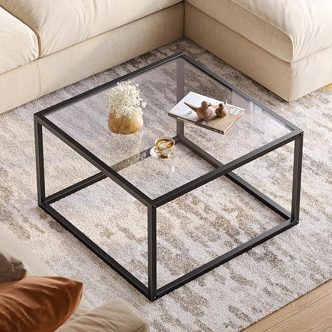 SAYGOER Glass Coffee Table Small Square Coffee Tables for Living Room, 26.7 inch Modern Center Table for Office Apartment, 5 MM Tempered Clear Glass Top, Black Metal Frame