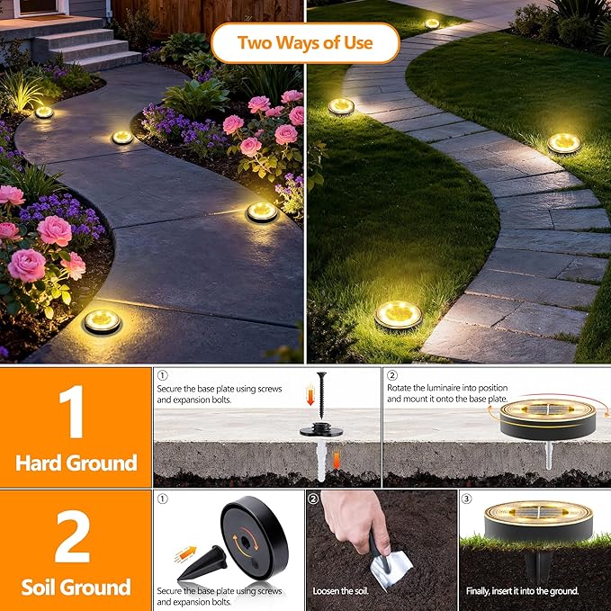 Joomer 16 Pack Solar Ground Lights, 2-in-1 Solar Lights Outdoor Waterproof Solar Powered Disc Light Landscape Garden Lighting Light for Patio Pathway Lawn Yard Driveway Walkway Deck Step(Warm White)