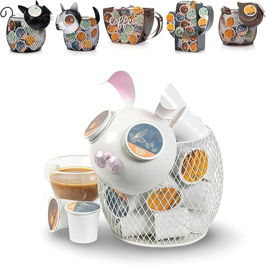 Made Easy Kit Coffee Pod Basket Organizer Practical Decoration - Compatible with Keurig K-Cup Pods & Capsules - Home Cafe Bar Decor Useful Kitchen Countertop Freestanding (Bunny White)